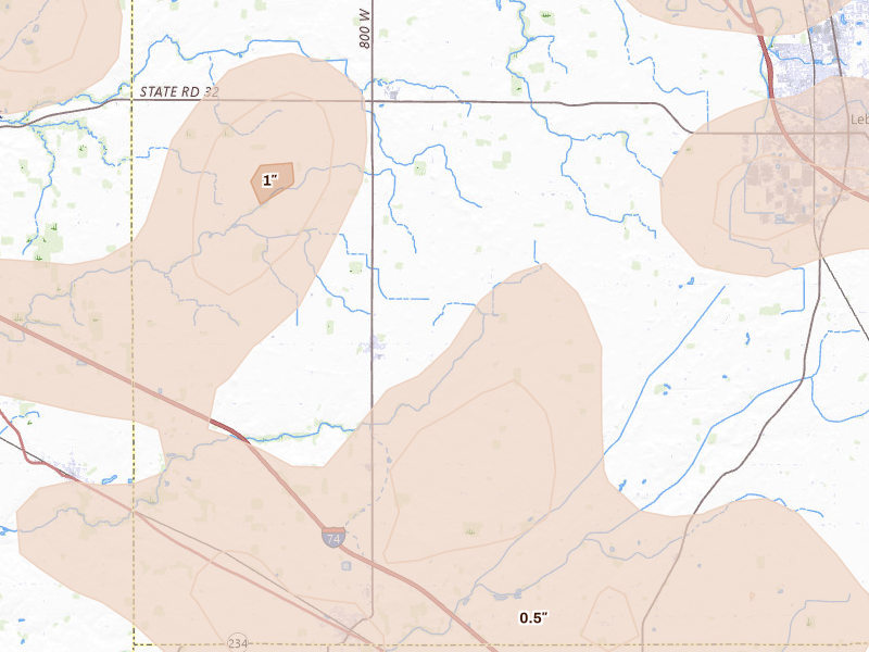 Radar-estimated hail-size map of the storm over Jamestown, IN on Aug 11, 2026
