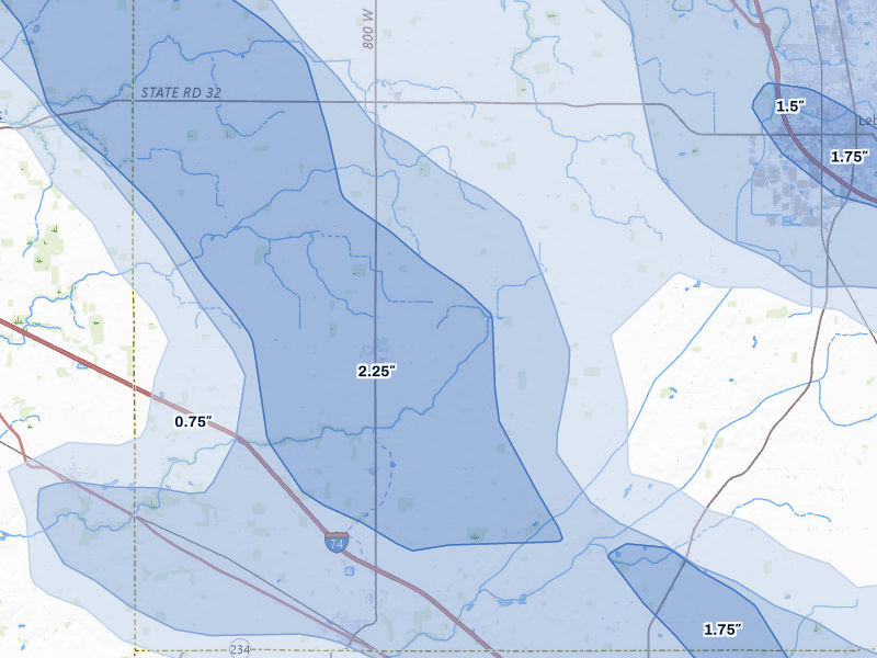 NEXRAD radar-signature map of the hail storm over Jamestown, IN on Aug 11, 2026