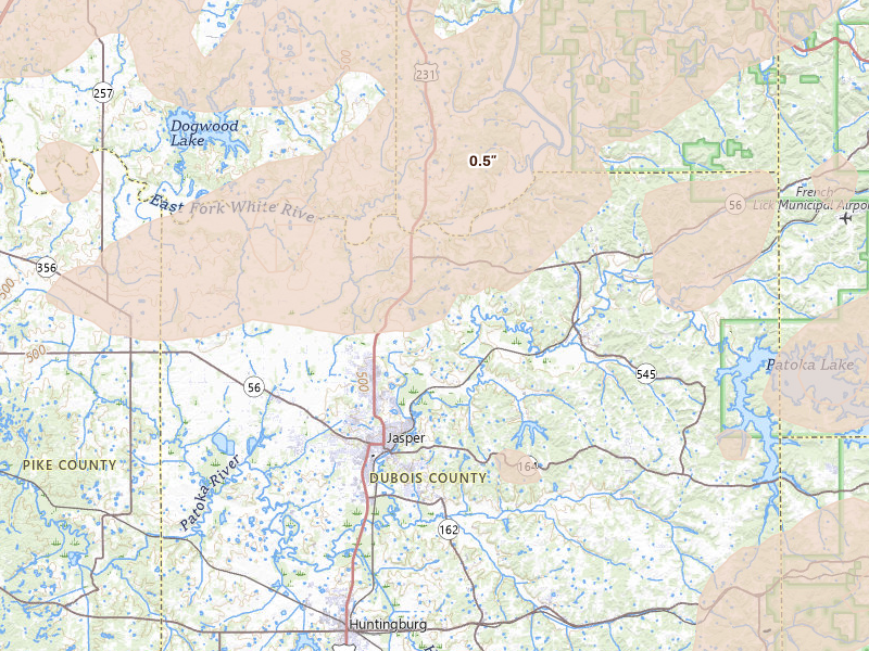 Radar-estimated hail-size map of the storm over Jasper, IN on Apr 27, 2026