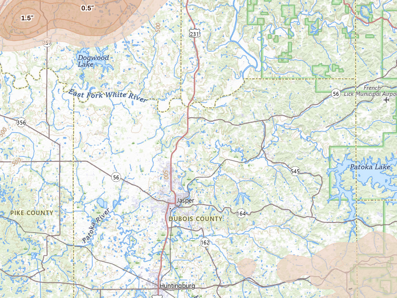 Radar-estimated hail-size map of the storm over Jasper, IN on May 16, 2026