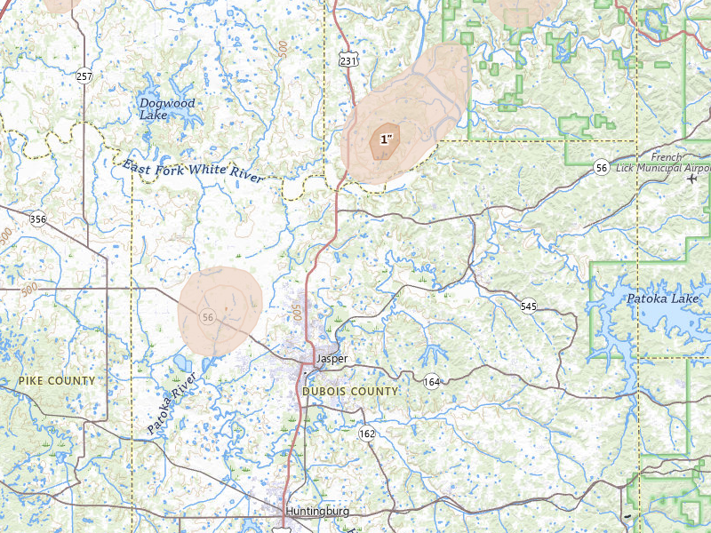 Radar-estimated hail-size map of the storm over Jasper, IN on Jul 3, 2026