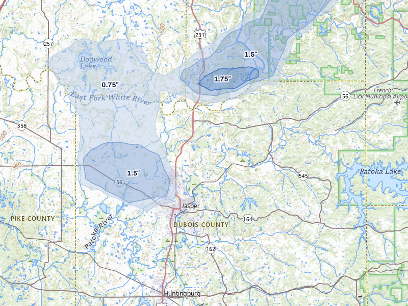 NEXRAD radar-signature map of the hail storm over Jasper, IN on Jul 3, 2026