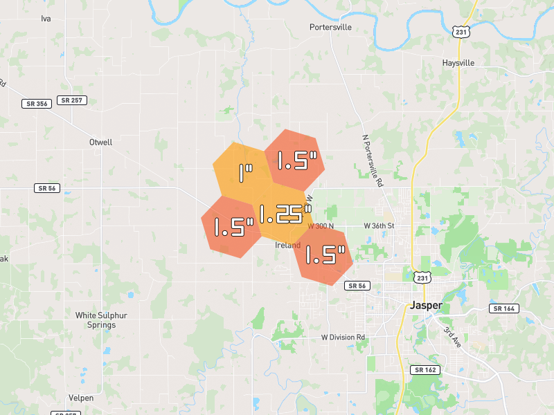Hail map of Jasper, IN on Jul 3, 2026, hail up to 1.5"