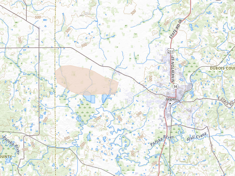 Radar-estimated hail-size map of the storm over Jasper, IN on Aug 16, 2026