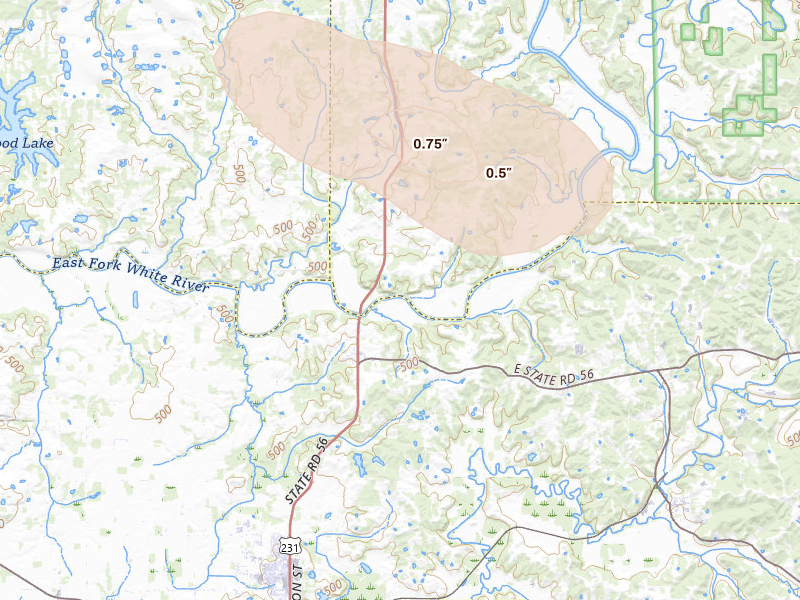 Radar-estimated hail-size map of the storm over Jasper, IN on Aug 26, 2026
