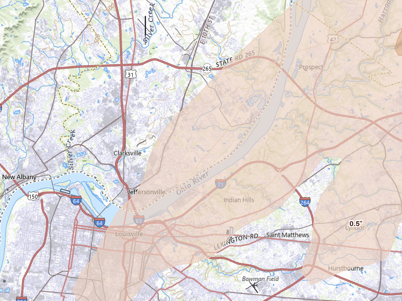Radar-estimated hail-size map of the storm over Jeffersonville, IN on May 16, 2026