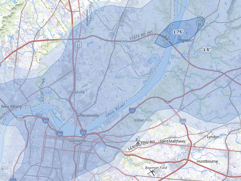 NEXRAD radar-signature map of the hail storm over Jeffersonville, IN on May 16, 2026