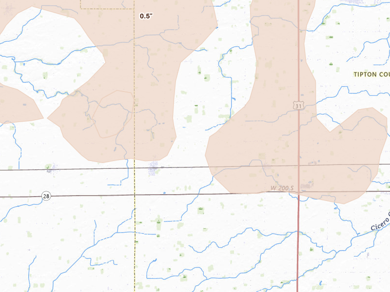 Radar-estimated hail-size map of the storm over Kempton, IN on Mar 26, 2026