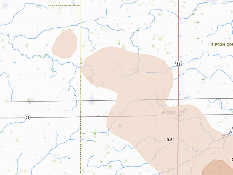 Radar-estimated hail-size map of the storm over Kempton, IN on Aug 13, 2026