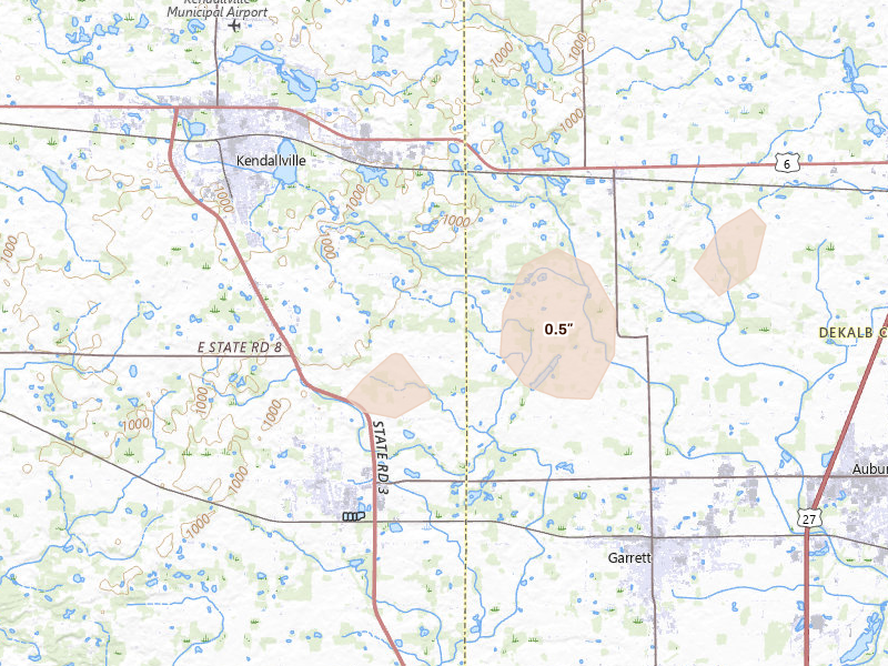 Radar-estimated hail-size map of the storm over Kendallville, IN on Aug 9, 2026