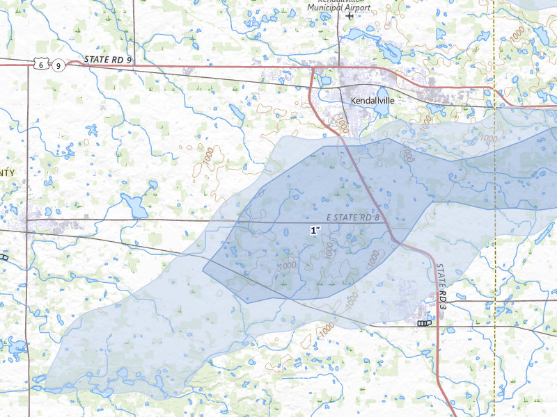 NEXRAD radar-signature map of the hail storm over Kendallville, IN on Aug 9, 2026