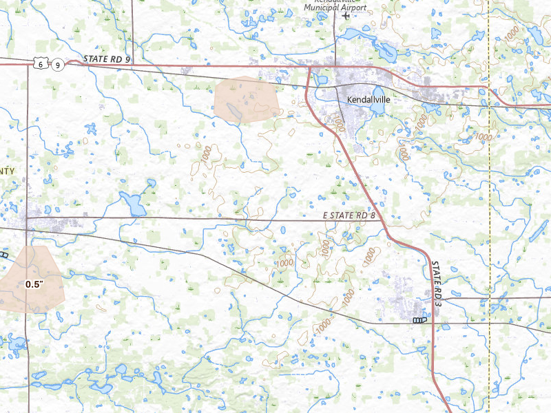 Radar-estimated hail-size map of the storm over Kendallville, IN on Aug 10, 2026
