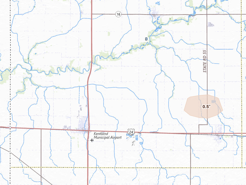 Radar-estimated hail-size map of the storm over Kentland, IN on Mar 26, 2026