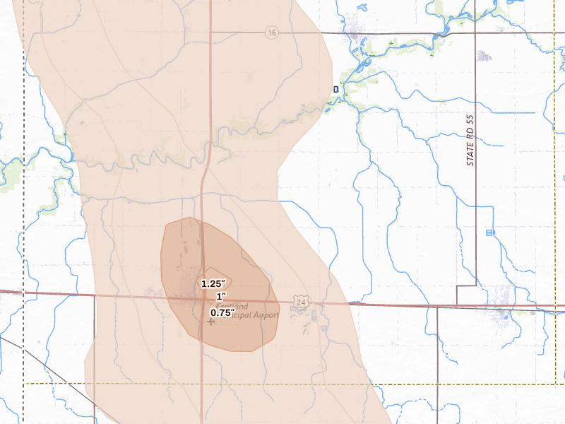 Radar-estimated hail-size map of the storm over Kentland, IN on Jul 27, 2026