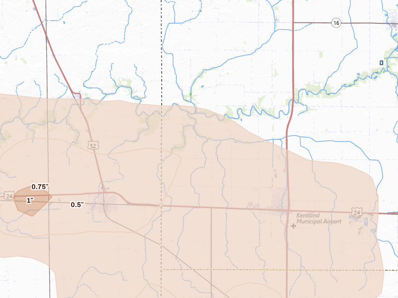 Radar-estimated hail-size map of the storm over Kentland, IN on Aug 9, 2026