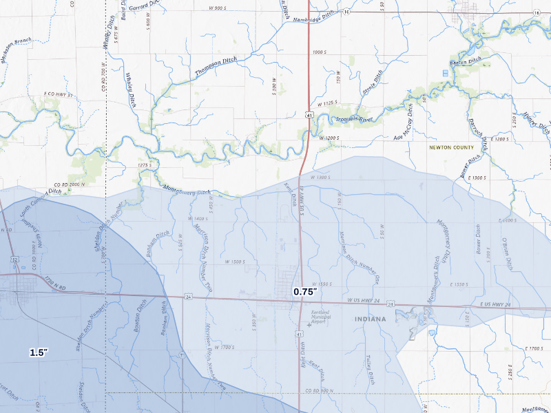 NEXRAD radar-signature map of the hail storm over Kentland, IN on Aug 9, 2026