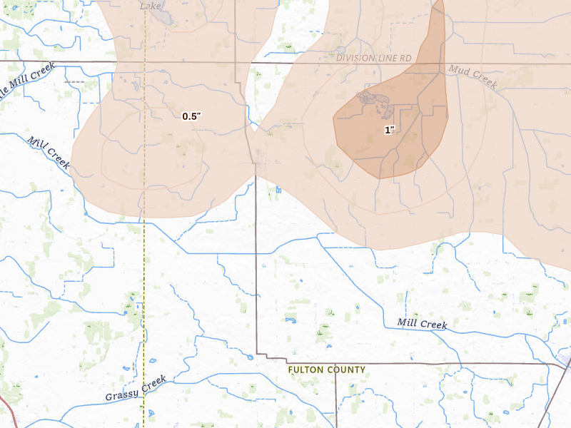 Radar-estimated hail-size map of the storm over Kewanna, IN on Mar 26, 2026