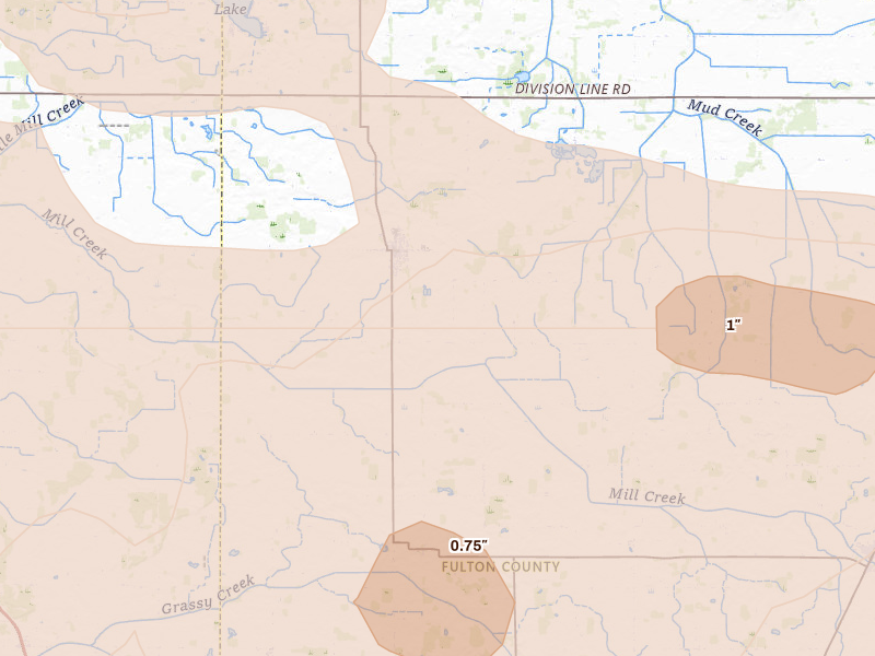 Radar-estimated hail-size map of the storm over Kewanna, IN on Aug 10, 2026