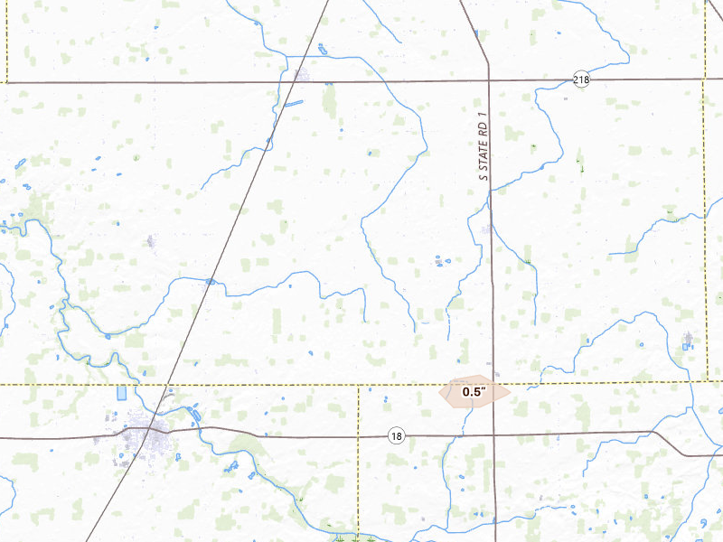 Radar-estimated hail-size map of the storm over Keystone, IN on Aug 7, 2026