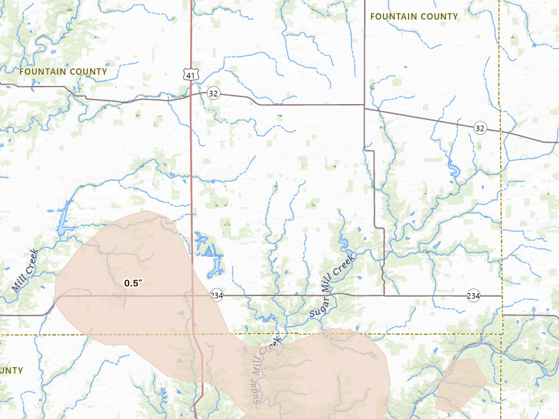Radar-estimated hail-size map of the storm over Kingman, IN on Jul 4, 2026