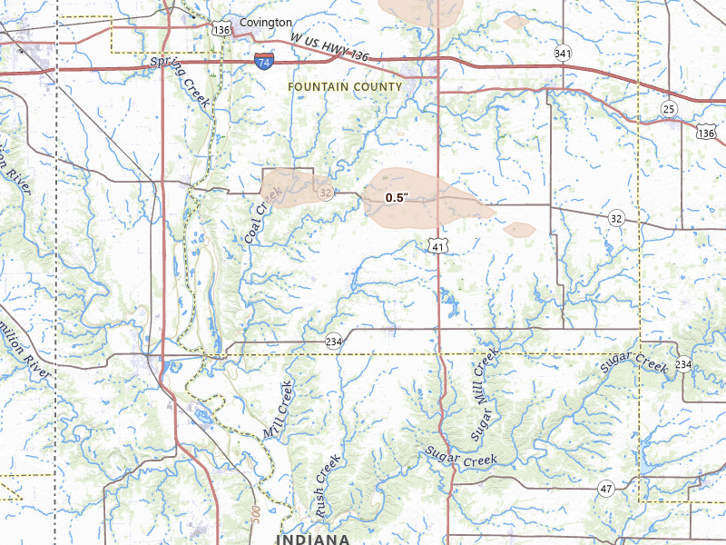 Radar-estimated hail-size map of the storm over Kingman, IN on Aug 9, 2026