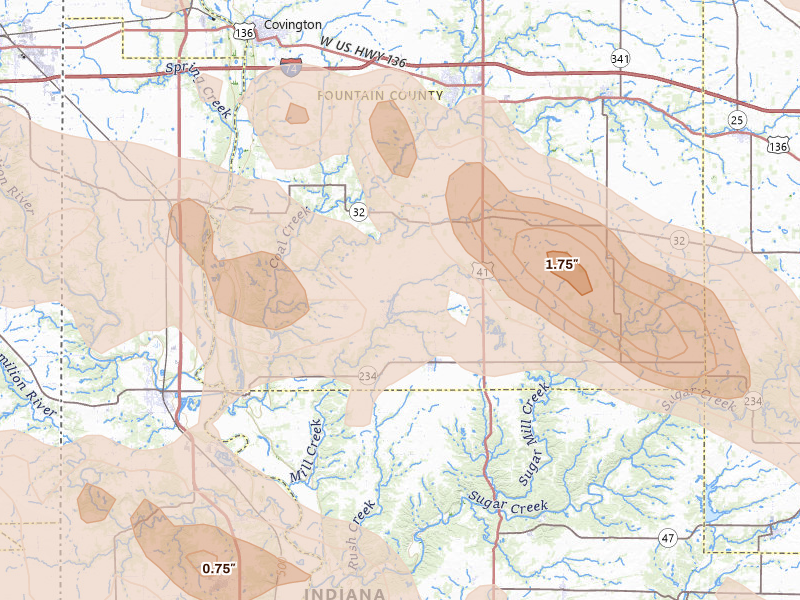 Radar-estimated hail-size map of the storm over Kingman, IN on Aug 11, 2026