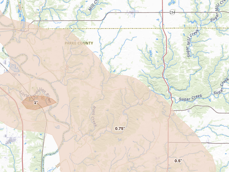 Radar-estimated hail-size map of the storm over Kingman, IN on Aug 13, 2026