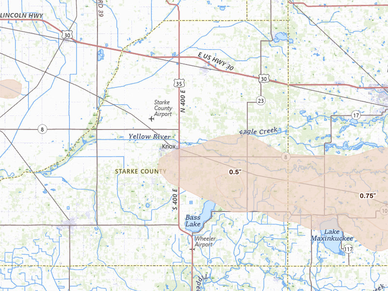 Radar-estimated hail-size map of the storm over Knox, IN on Mar 31, 2026