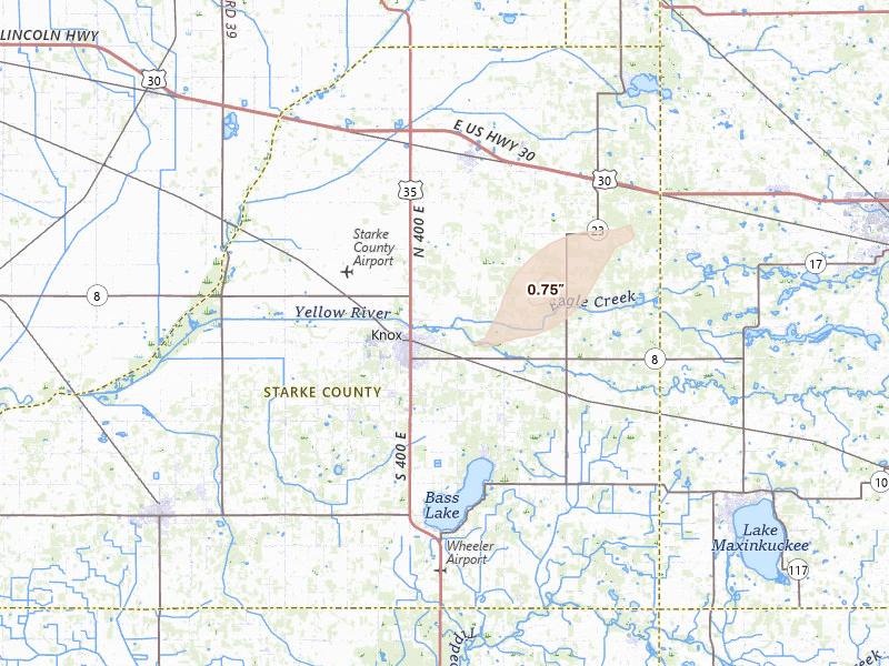 Radar-estimated hail-size map of the storm over Knox, IN on Jul 2, 2026