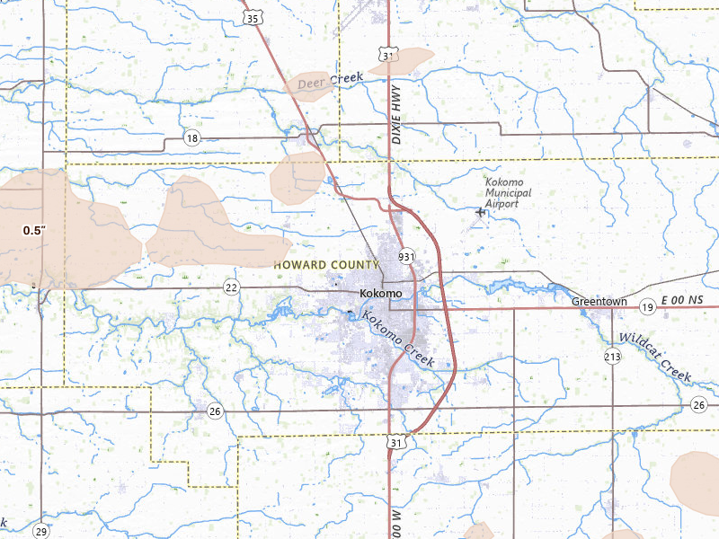 Radar-estimated hail-size map of the storm over Kokomo, IN on Mar 22, 2026