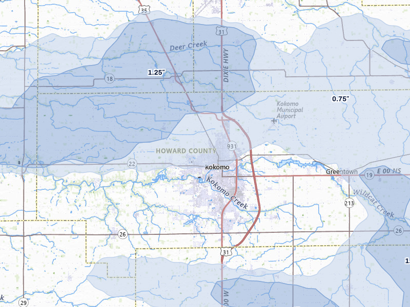 NEXRAD radar-signature map of the hail storm over Kokomo, IN on Mar 22, 2026