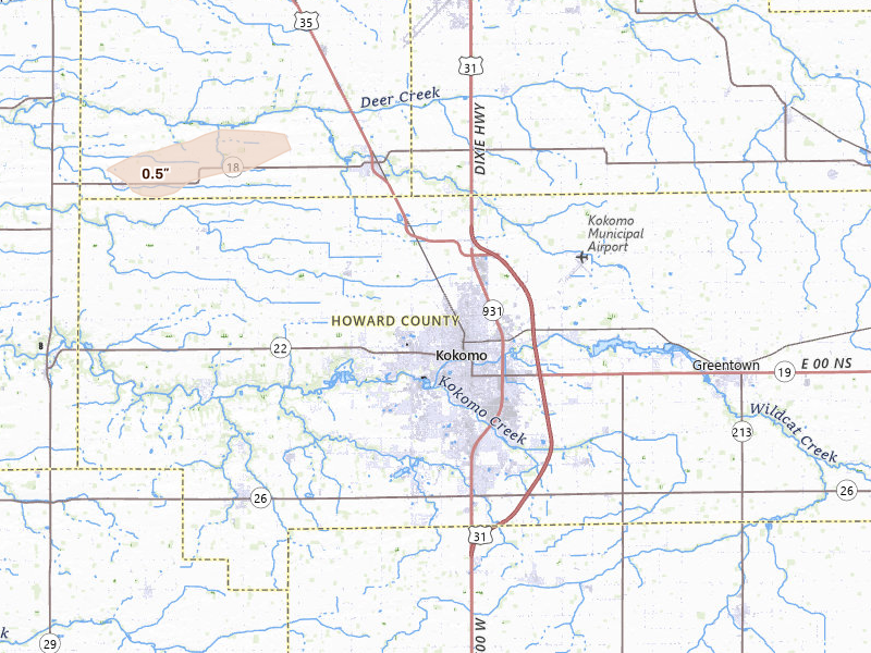 Radar-estimated hail-size map of the storm over Kokomo, IN on Apr 3, 2026
