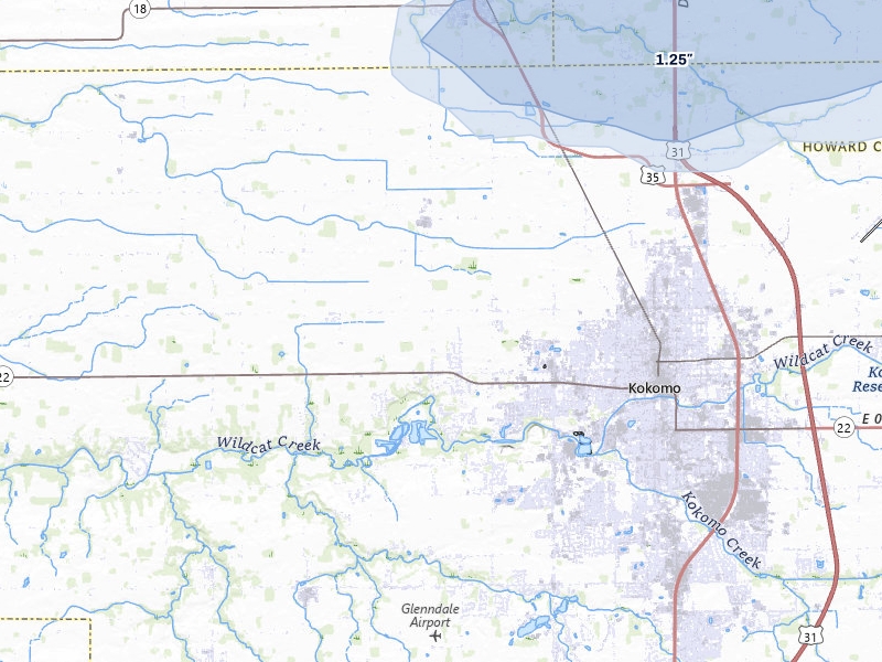 NEXRAD radar-signature map of the hail storm over Kokomo, IN on Aug 11, 2026