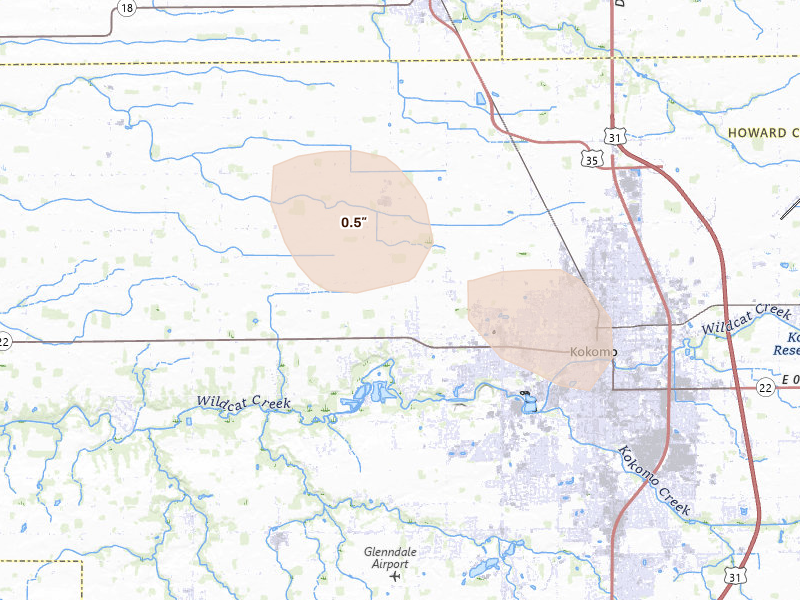 Radar-estimated hail-size map of the storm over Kokomo, IN on Aug 12, 2026
