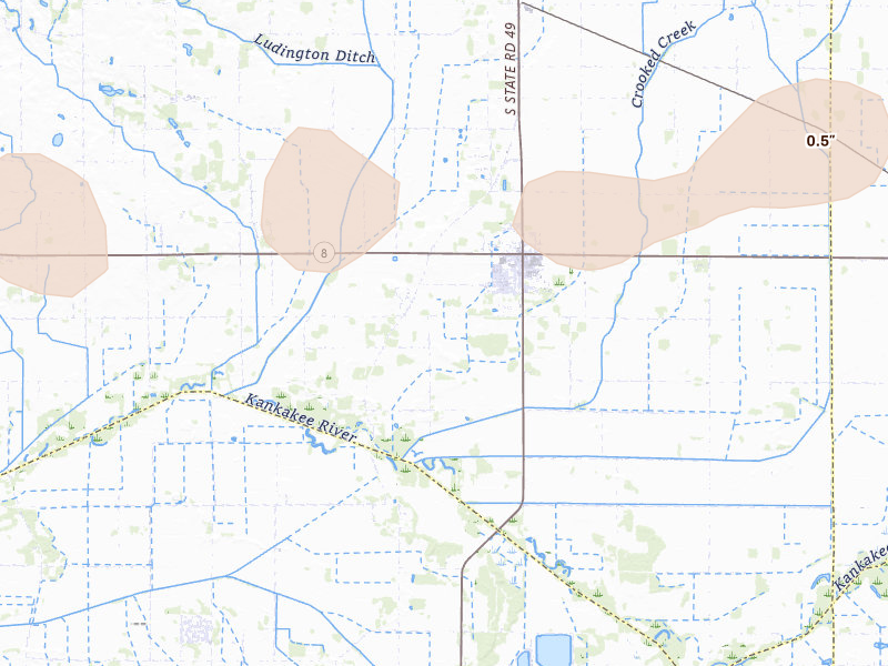 Radar-estimated hail-size map of the storm over Kouts, IN on Mar 31, 2026