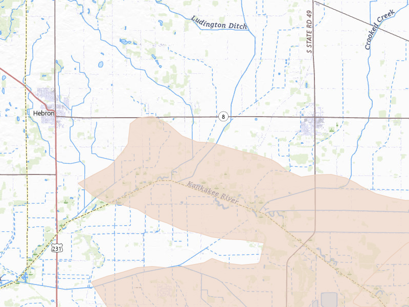 Radar-estimated hail-size map of the storm over Kouts, IN on Aug 10, 2026