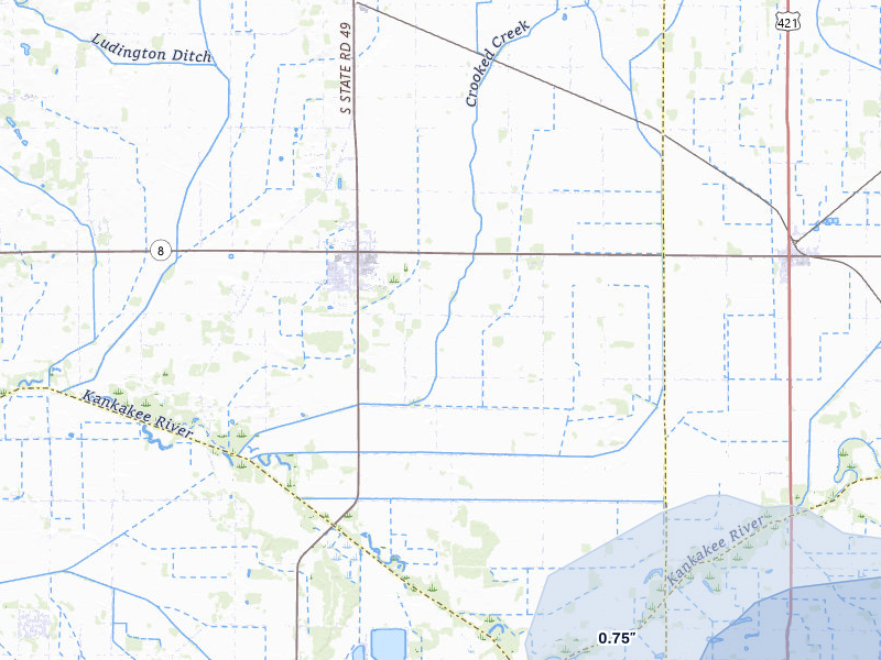 NEXRAD radar-signature map of the hail storm over Kouts, IN on Aug 10, 2026