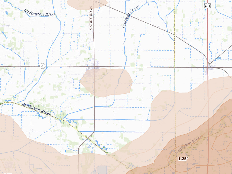 Radar-estimated hail-size map of the storm over Kouts, IN on Aug 11, 2026