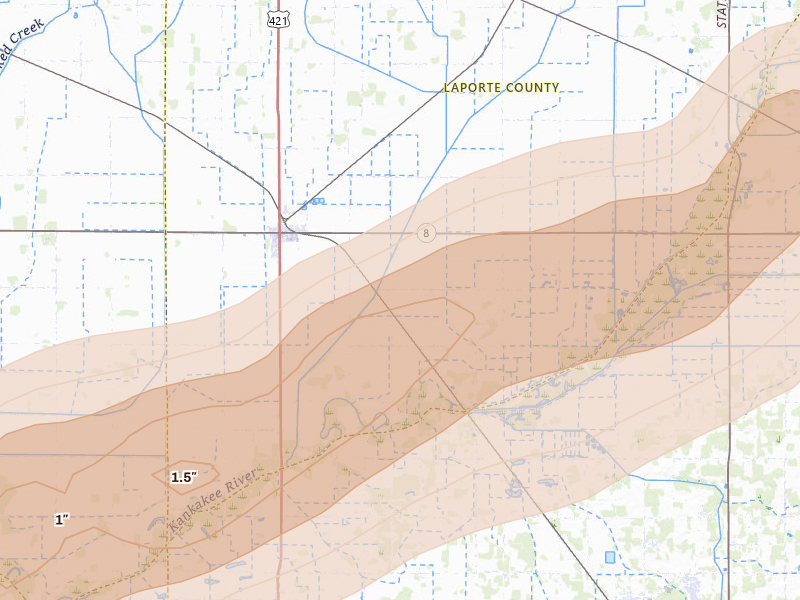 Radar-estimated hail-size map of the storm over La Crosse, IN on Mar 10, 2026