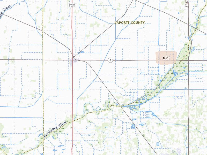 Radar-estimated hail-size map of the storm over La Crosse, IN on Jun 5, 2026