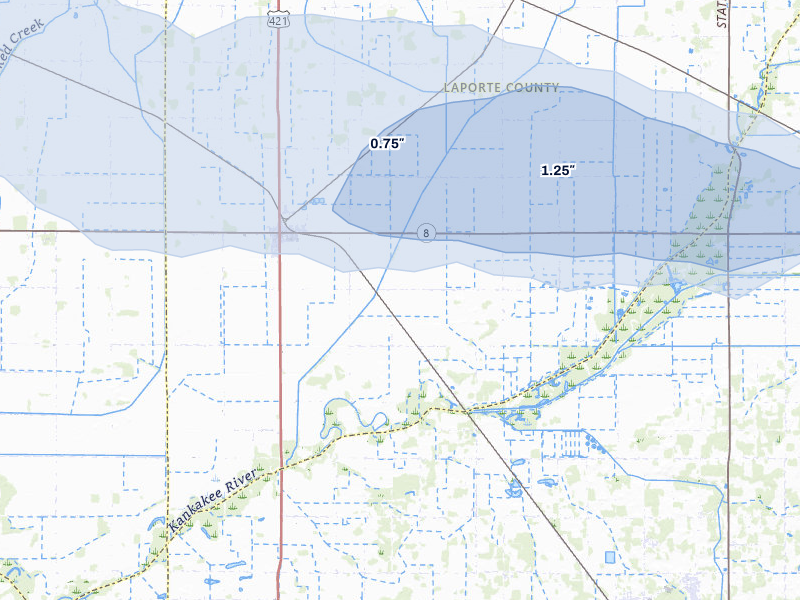 NEXRAD radar-signature map of the hail storm over La Crosse, IN on Jun 5, 2026