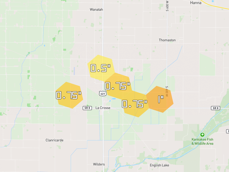 Hail map of La Crosse, IN on Jun 6, 2026, hail up to 1"