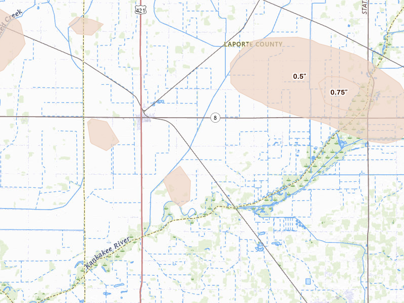 Radar-estimated hail-size map of the storm over La Crosse, IN on Aug 9, 2026