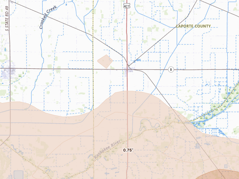 Radar-estimated hail-size map of the storm over La Crosse, IN on Aug 10, 2026