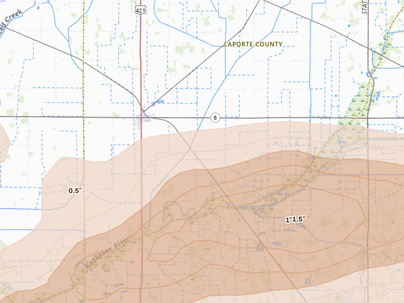 Radar-estimated hail-size map of the storm over La Crosse, IN on Aug 11, 2026