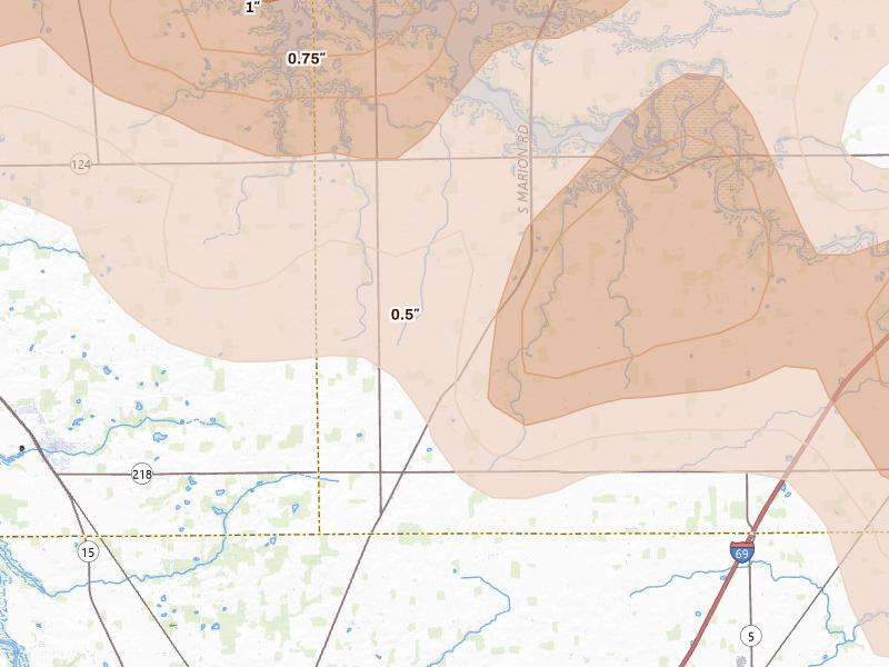 Radar-estimated hail-size map of the storm over La Fontaine, IN on Mar 26, 2026