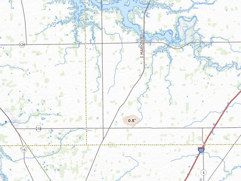 Radar-estimated hail-size map of the storm over La Fontaine, IN on Apr 3, 2026