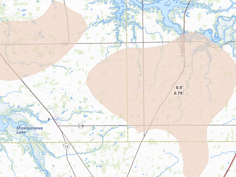 Radar-estimated hail-size map of the storm over La Fontaine, IN on Aug 10, 2026