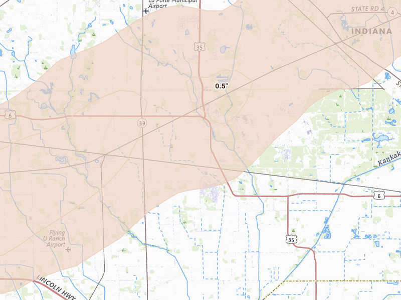 Radar-estimated hail-size map of the storm over La Porte, IN on Jun 11, 2026