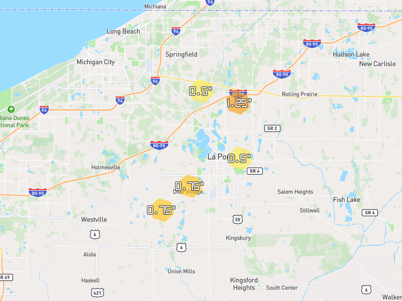 Hail map of La Porte, IN on Jul 3, 2026, hail up to 1.25"